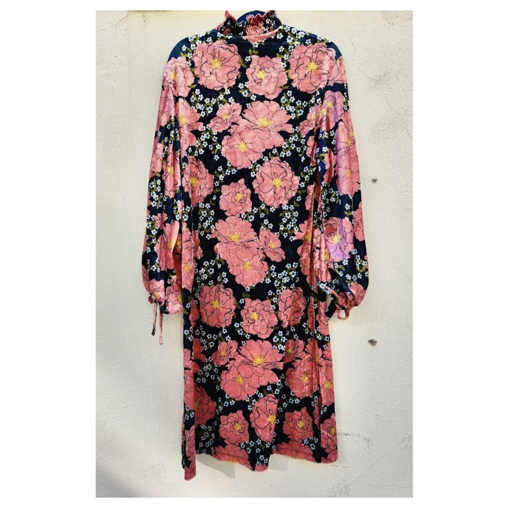 ZARA Floral Velvet Puff Sleeve Kaftan Midi Dress - Picture 4 of 10
